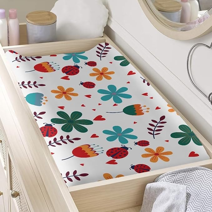 Baby Stretchy Changing Pad Cover, Breathable Changing Pad Cover for Infants and Toddles, Hippie Flower Ladybug Print 16 * 32 Inches