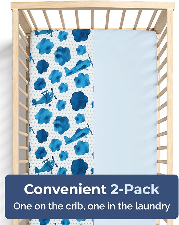 2-Pack Mini Crib Sheets Fitted - Pack N Play Sheets for Pack and Play Mattress - Stretchy Soft Microfiber Playard Bedding - Mini Toddler Bed Cover for Boys & Girls - Oeko-Tex - 38 x 24in, Plane Sky