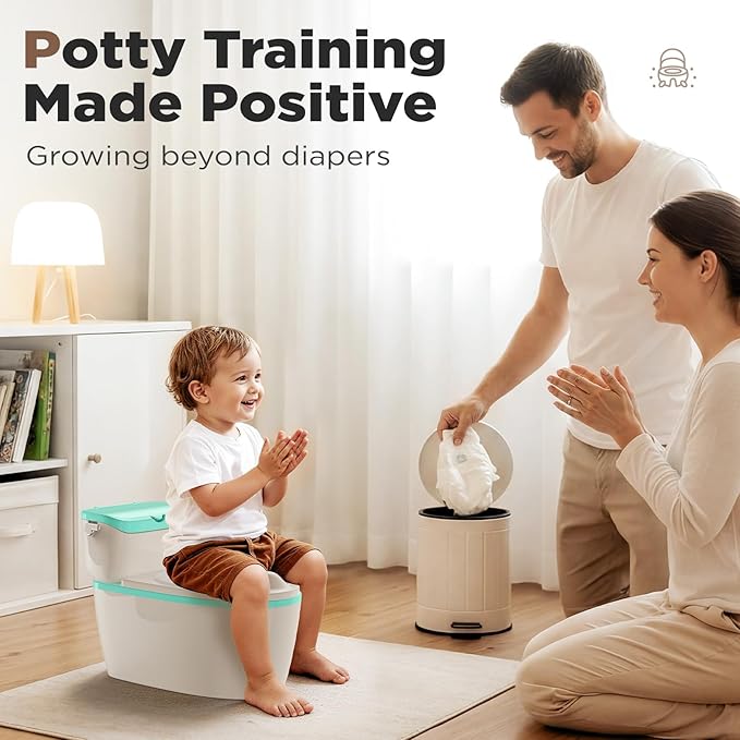 3-in-1 Toddler Potty Training Toilet with Flushing Sound, Wipes Storage & Toilet Paper Holder, Realistic Potty Chair with Detachable Seat and Easy-Clean Design for Boys & Girls Ages 18+ Months (Green)