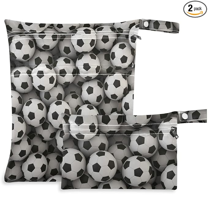 visesunny Soccer Ball 3D Print 2Pcs Wet Bag with Zippered Pockets Washable Reusable Roomy Diaper Bag for Travel,Beach,Daycare,Stroller,Diapers,Dirty Gym Clothes,Wet Swimsuits,Toiletries