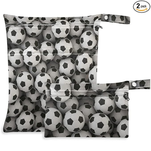 visesunny Soccer Ball 3D Print 2Pcs Wet Bag with Zippered Pockets Washable Reusable Roomy Diaper Bag for Travel,Beach,Daycare,Stroller,Diapers,Dirty Gym Clothes,Wet Swimsuits,Toiletries