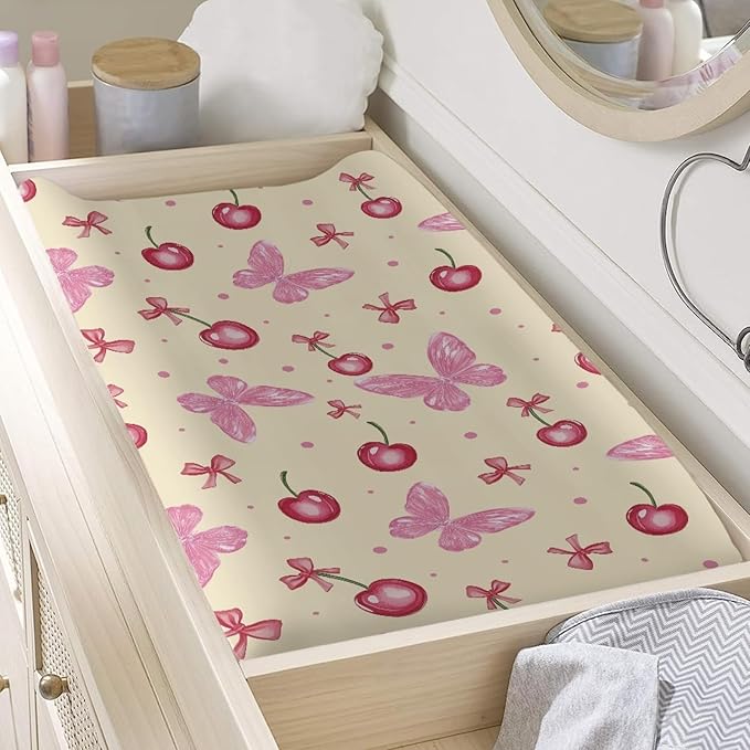 Cherry Butterfly Baby Changing Pad Covers Ultra Soft Breathable Changing Table Cover Polyester Diaper Change Pad Sheets for Baby Girls Newborn