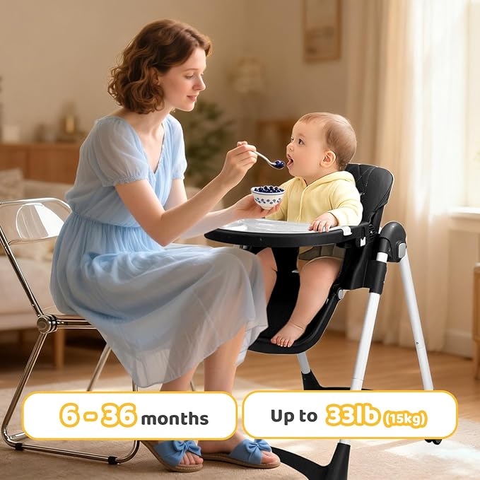 JOYMOR 4 in 1 Folding Baby High Chair for Babies to Toddlers, Infant Eating Foldable Highchair w/Leather Seat Cushion, 4-Position Removeable & Adjustable Tray, 5-Point Harness (Black)