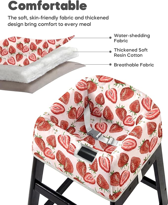 Mamatepe Baby High Chair Cover Restaurant with Strap Pads & 2-Point Harness - Machine Washable, Waterproof, Portable for Restaurant/Travel/Home - Fits High Chairs, Red Strawberry