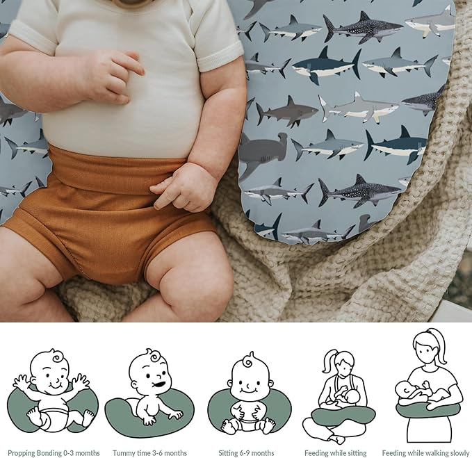 Sharks Boho Neutral Baby Nursing Pillow Covers for Boy Girl Sea Shark Species Nursery Pillowcase for Breastfeeding Pillows Marine Ocean Shark Lover Gifts Soft Stretchy Slipcovers for Newborn Infant