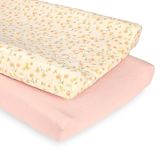 Hooyax Baby Changing Pad Cover 2-Pack, Muslin Soft Breathable Changing Table Pad Covers for Nursery, Easy Care Changing Pad Sheets for Girls and Boys(Pink, Flower)