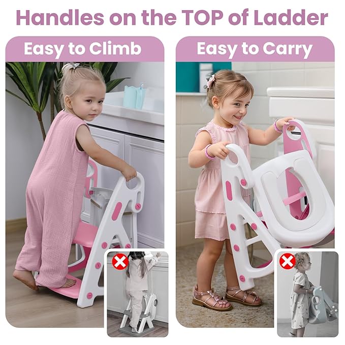 Potty Training Seat, Primlect Upgrade Ultra-Stable Toddler Toilet Seat for Kids Boys Girls, 2 in 1 Potty Training Toilet with Step Stool, Adjustable Seat and Ladder, Non-Slip Pad, Splash Guard(Pink)
