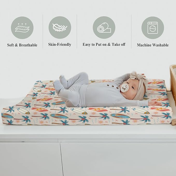 Retro Boho Surfing Changing Pad Covers for Baby Girls Boys Vintage Summer Surfboards Coconut Palm Trees Sun Fitted Change Table Pad Covers Mats Beach Life Soft Diaper Changing Pad Sheets 32''×16''