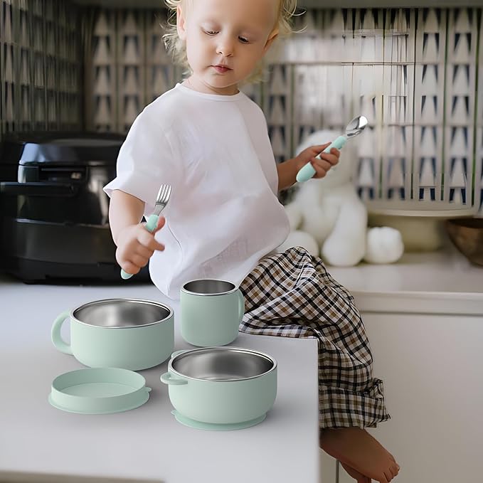 Bakpoco Kids Dinnerware Set - 6 Piese Toddler Plates and Suction Bowls Set with Kids Utensils&Cup, 2 IN 1 Stainless Steel & Silicone Baby Self Feeding Supplies, Sage