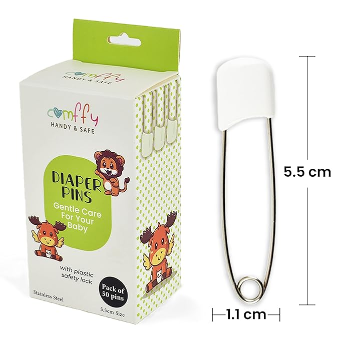 50 PCS Diaper Pins - Stainless Steel Pins with Plastic Safety Lock, Large Nappy Pins with White Plastic Heads, 5.5cm x 1.1cm - Safety Pins for Baby Cloth Diapers