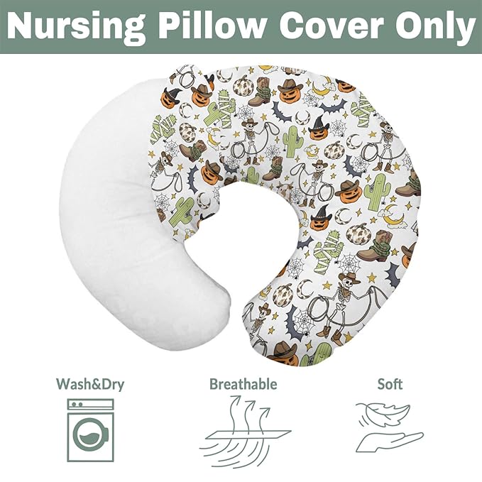 Western Halloween Cowboy Nursing Pillow Covers for Boy Girl Spooky Skeleton Pumpkin Cactus Witch Bats Nursery Pillowcase for Breastfeeding Pillows Wild West Country Soft Stretchy Slipcovers for Infant