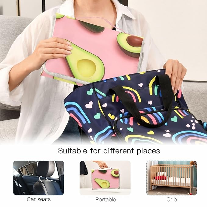 Avocado Green Fruit Portable Changing Pad for Unisex Baby Toddler Waterproof Baby Changing Mat with Pillow & Shoulder Strap Travel Changing Kit for Dresser Gift Home Traveling Hiking