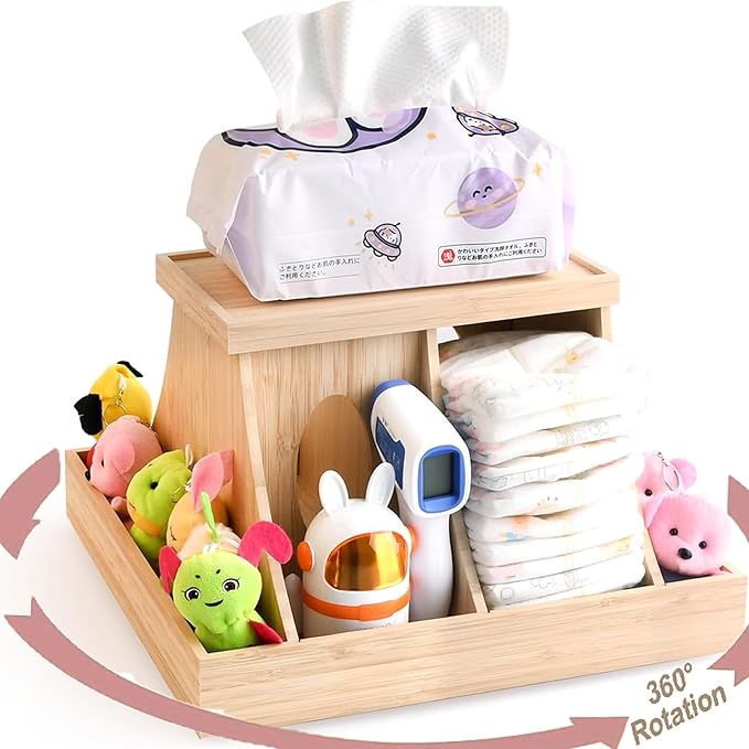 Wooden Baby Diaper Cabby Organizer, 360 Degrees Rotating Bamboo Cabby Storage with Removable Divides, Nursery Diaper Organizer