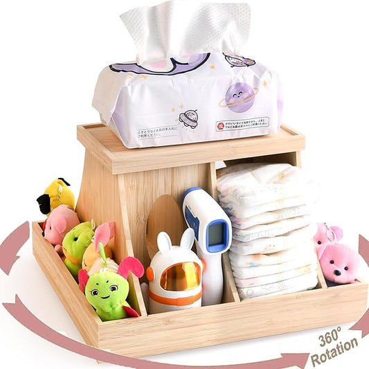 Wooden Baby Diaper Cabby Organizer, 360 Degrees Rotating Bamboo Cabby Storage with Removable Divides, Nursery Diaper Organizer