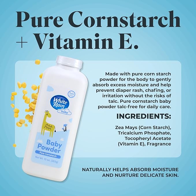 White Rain Pure Cornstarch Baby Powder Talc-Free, 10 oz, Pack of 3 - Natural Moisture Absorption with Vitamin E, Gentle Body Powder for Women, Babies & Sensitive Skin, Free of Parabens & BPA