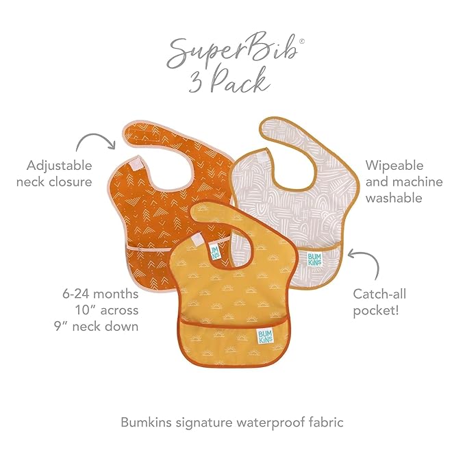 Bumkins Bibs for Girl or Boy, SuperBib Baby and Toddler for 6-24 Months, Essential Must Have for Eating, Feeding, Baby Led Weaning Supplies, Mess Saving Catch Food, Waterproof Fabric 3-pk Desert Boho