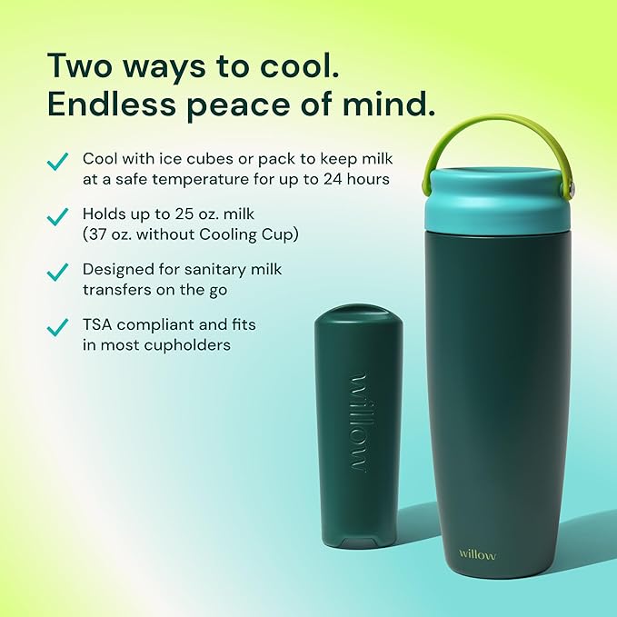 Willow - 25oz Portable Breastmilk Cooler - Keeps Breast Milk Cold for 24 Hours - Stainless Steel - Use w/Included Ice Pack or Ice Cubes - Breastfeeding Essentials - Dishwasher Safe - Juniper