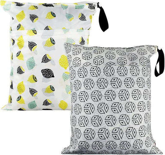 2Pcs Waterproof Reusable Wet & Dry Bag for Baby Cloth Diaper Gym Clothes Travel Bags Washable Beach Pool Swimsuits Pockets with Two Zippered Dirty Diapers Stroller Yoga Toiletries Daycare Organizer