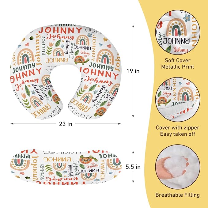 Baby Nursing Pillow Cover - Personalized Name Breastfeeding Pillow Cover with Turtle Pattern, Stretchy Removable U-Shaped for New Moms, Soft Breathable Slipcover for Infant Boys Girls