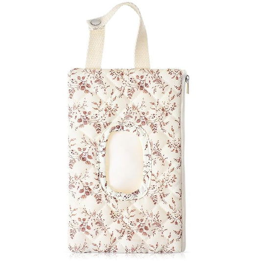 1 Pcs Quilted Diaper and Wipes Pouch Portable Hanging Floral Wet Wipe Bag Diaper Bag Reusable Wipes Pouch for for Stroller Car Travel Infant Diapering Organizer (Beige Floral)