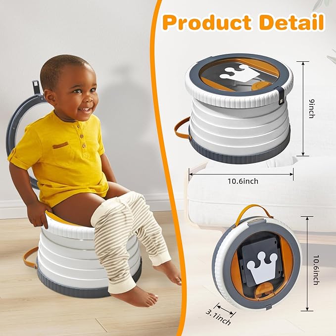 Portable Potty Chair for Toddlers with Splash-Proof Design, Foldable Travel Potty with Bag & 30 Refills - Kids Toilet for Car, Camping, Indoor - Easy Clean Baby Potty Training Seat(White-Gray)