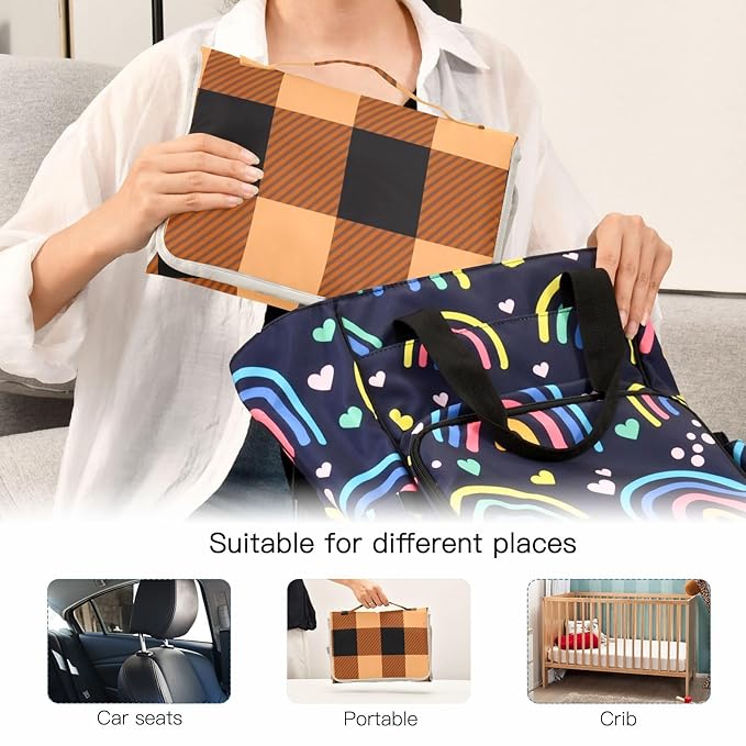 Portable Diaper Changing Pad Travel Baby Changing Mat Waterproof Diaper Changing Mat Foldable Lightweight Baby Changer with Built-in Pillow Autumn Orange and Black Plaid