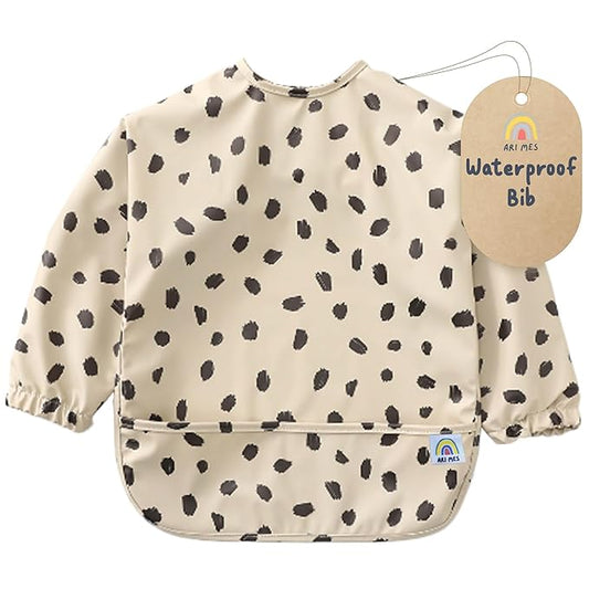 ARI MES Waterproof Long Sleeve Baby Bib for Eating-Black Spots Pattern, Medium-Toddler Smock with Catch-All Pocket, BPA Free, Machine Washable, Wearable Feeding Bib for Boys & Girls 6-72 Months