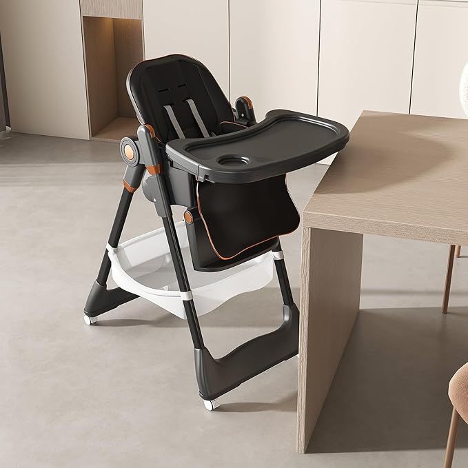 Portable High Chair, High Chairs for Babies and Toddlers, Adjustable Baby Chair, 5 Height & 3 Recline Adjustable Locking Wheels with Removable Double Tray and Safety Belt, Black