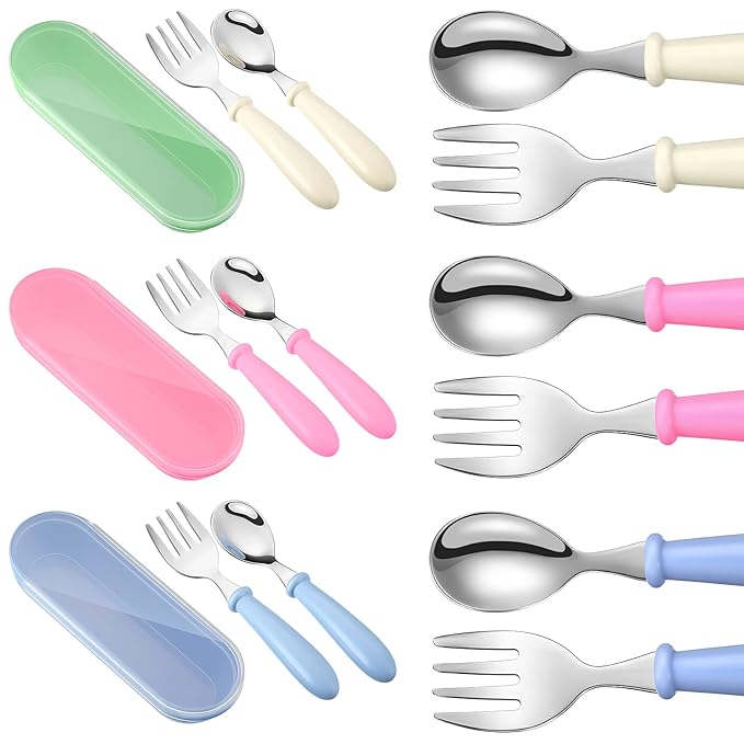 Patelai 9 Pcs Toddler Utensils with Case Stainless Steel Fork and Spoon Set Safe Baby Silverware Children Flatware Kids Cutlery with Round Handle for Lunchbox, Dishwasher Safe(White, Rose Red, Blue)