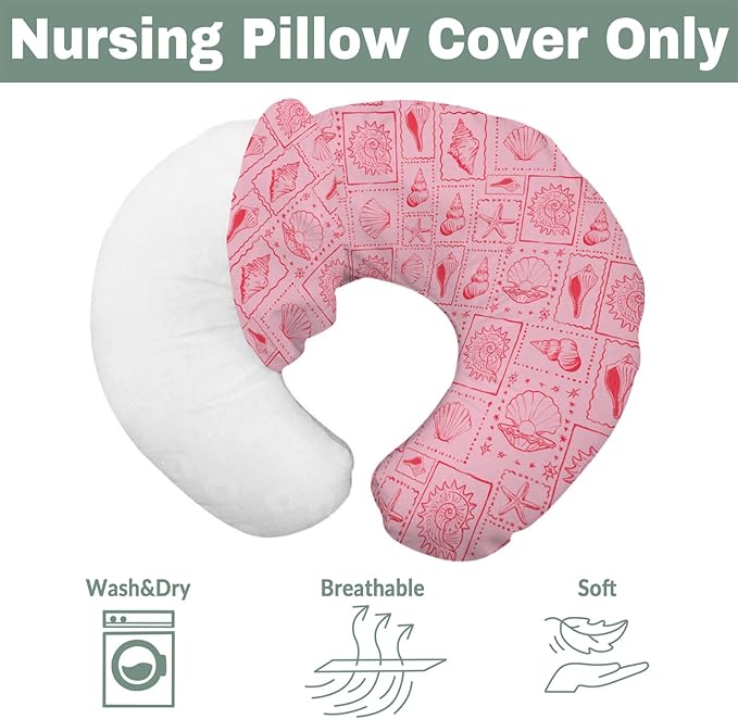 Pink Seashells Baby Nursing Pillow Covers for Boy Girl Boho Beach Conch Nursery Feeding Pillowcase for Breastfeeding Pillows Pastel Summer Coastal Soft Stretchy Removable Cover for Newborn Infant