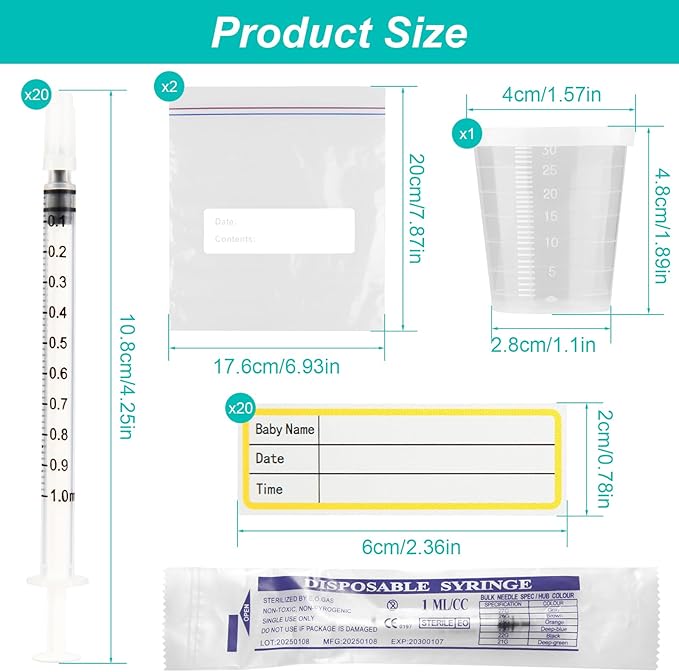 20 Sets 1ml Colostrum Syringes with Caps No Needle Colostrum Collector Kit Include 20pcs 1ml Sterile Syringes, 20 Labels, 2 Storage Bags and 1 Measuring Cup