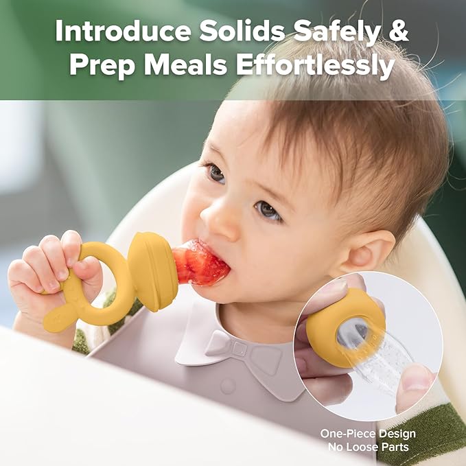 Haakaa Baby Fruit Food Feeder & Mini Freezer Nibble Tray Combo, Breastmilk Popsicle Molds for Baby Cooling Relief, BPA Free Silicone Feeder for Safe Infant Self Feeding, 4 Month+ (Mustard)
