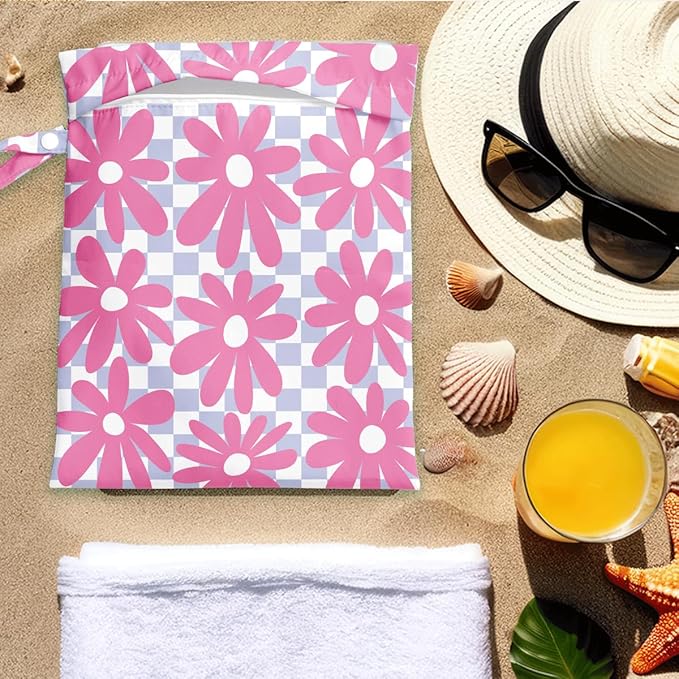 Wet Bag for Swimsuit Pool Travel Baby Cloth Diapers Dirty Yoga Gym Clothes Beach Bags Summer Gifts for Women Men Beach Vacation Essentials Flower Checker Waterproof Wet Dry Bag Travel Laundry Bags