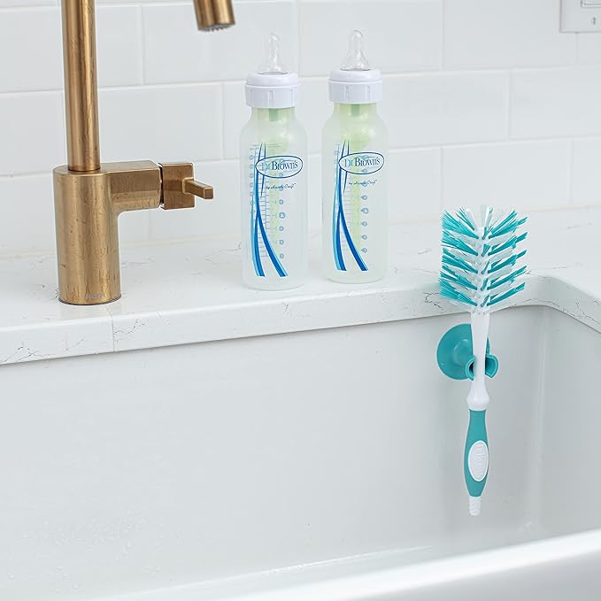 Dr. Brown's Deluxe Bottle Brush for Cleaning Baby Bottles, Nipples, and Sippy Cups with Suction Cup Stand and Vent Brush, BPA-Free, Blue, 3-Pack