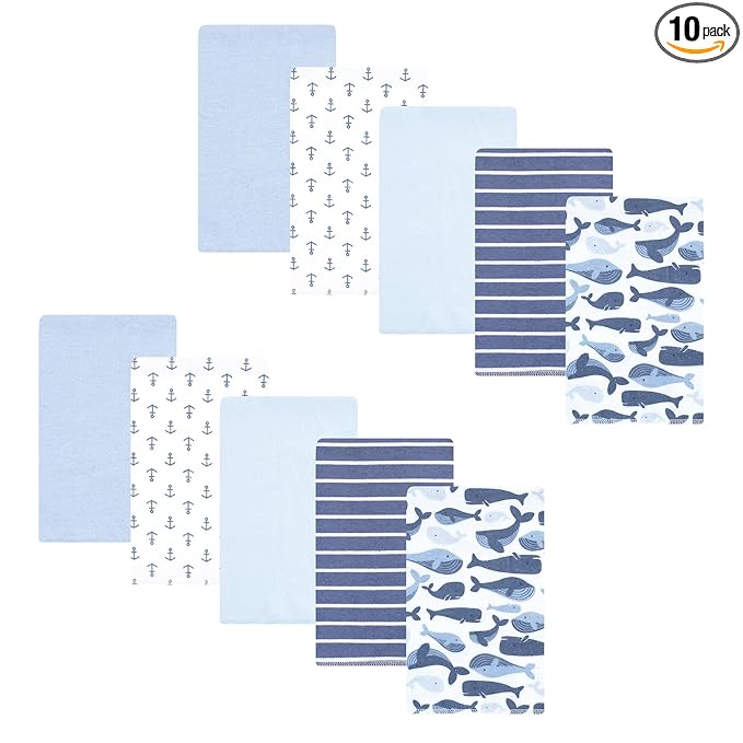 Hudson Baby Unisex Baby Cotton Flannel Burp Cloths 10-Pack, Cute Whales, One Size