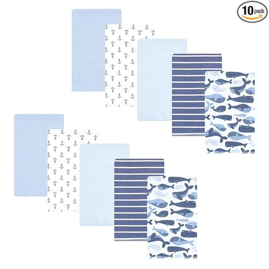 Hudson Baby Unisex Baby Cotton Flannel Burp Cloths 10-Pack, Cute Whales, One Size