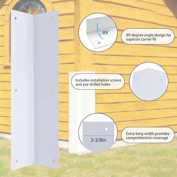 2 Pack White Stainless Steel Corner Guards, Metal Siding Corner Protector with 89° Angle, 3 3/8" x 3 3/8" x 11 3/4", Outdoor Weed Whacker Protection for Exterior Walls, Fences, Pavilions