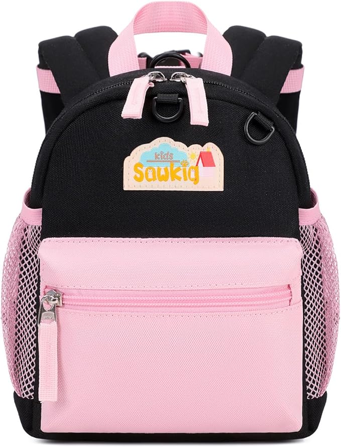 Mini Backpacks for Toddler Girls 9 inch Bookbag Purse with Baby Leash Backpack for Kids 1-2 (Black and Pink)