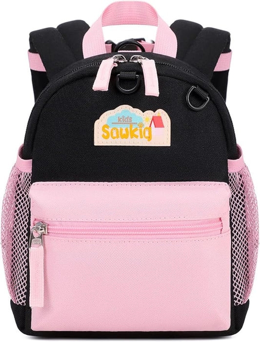 Mini Backpacks for Toddler Girls 9 inch Bookbag Purse with Baby Leash Backpack for Kids 1-2 (Black and Pink)