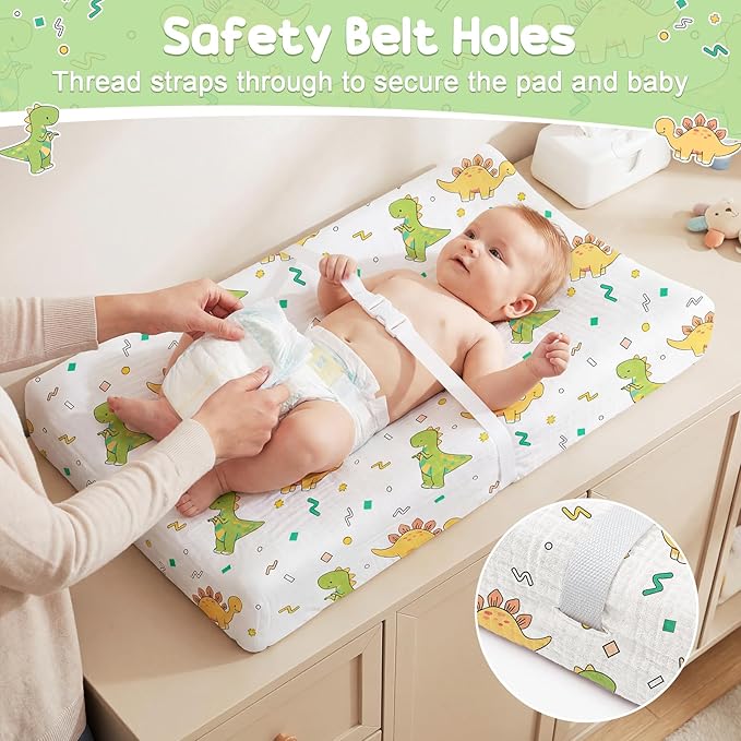 2 Pack Waterproof Muslin Changing Pad Cover with Safety Strap Hole, TPU Leakproof Protection Soft Muslin Baby Changing Table Covers for Boys & Girls, Fits 32" x 16" Changing Pad,Green Dinosaur