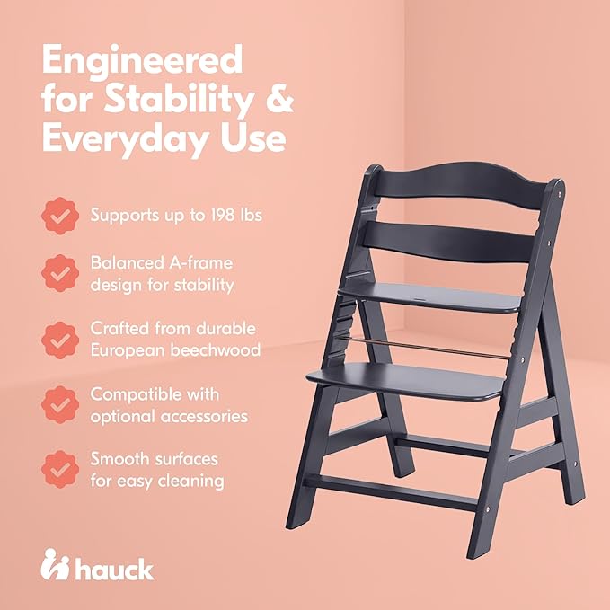 hauck Alpha+, Dark Grey - Wooden High Chair Made of Beech for Children from 6 Months up to 90 kg - Includes 5-Point Strap, Crotch Strap, Protective Bar - Compatible with Many Accessories