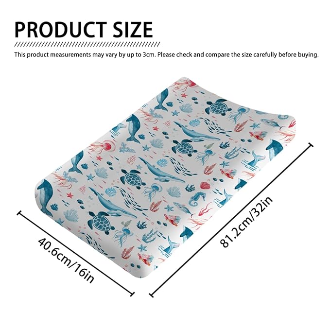 Nautical Animals Life Changing Pad Covers Sea Turtle Whale Jellyfish Sea Horse Weeds Unisex Diaper Change Table Sheets for Boys Girls Soft Breathable Stretch Changing Pad Sheets 32''x16'' White