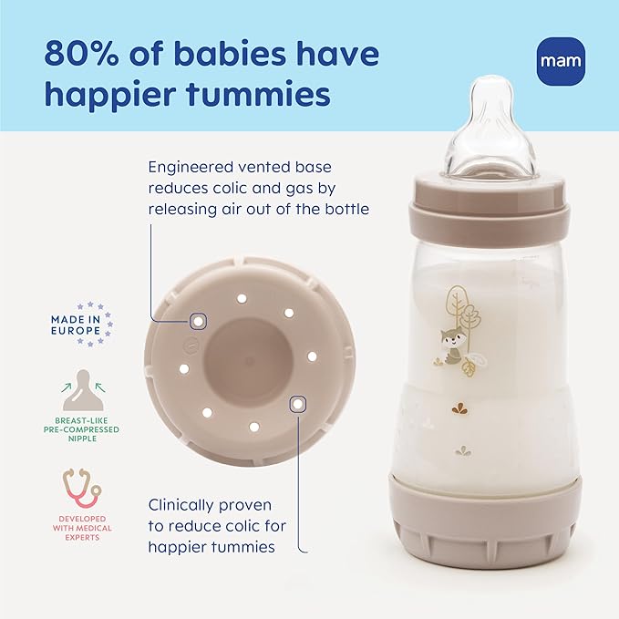 MAM Easy Start Anti-Colic Baby Bottle & Pacifier Set, 5 Self Sterilizing Bottles (3X 5oz, 2X 9oz) & 3 Original Pacifiers 0–16 Months + Extra Nipples, Newborn Feeding Gift Set