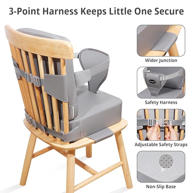 Toddler Booster Seat for Kitchen Chair with Removable Backrest & Adjustable Straps, PU Portable Waterproof & Non-Slip Booster Seat for Dining Table, Travel Child Eating Cushion-Light Grey