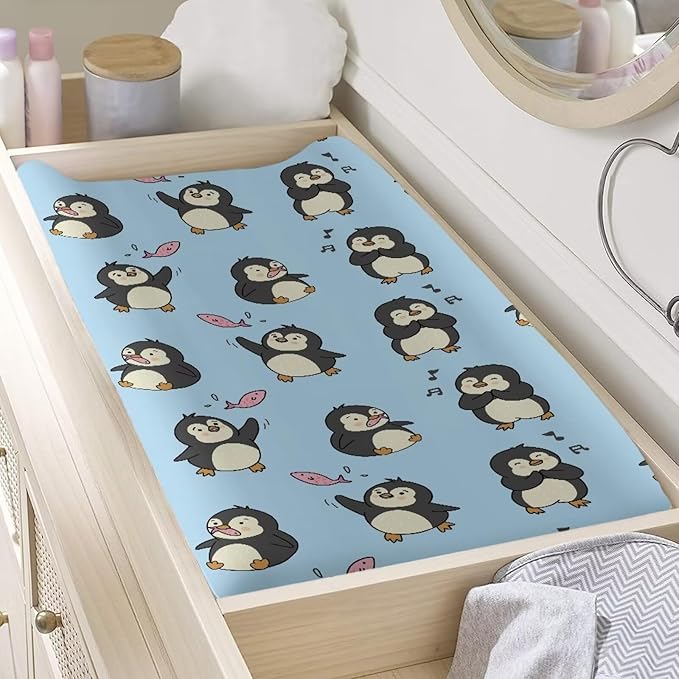 ZDCUSTOM Penguin Pattern Changing Pad Cover for Baby Girls Boys Changing Pad Cover for Baby Girls Boys Stretchy Changing Pad Covers Soft & Breathable