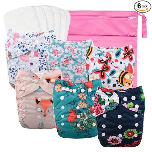babygoal Reusable Cloth Diapers for Girls, Adjustable Washable Nappy 6pcs+ 6pcs Microfiber Inserts+One Wet Bag 6YDG08