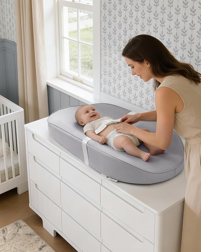Blissful Diary Vegan Leather Baby Changing Pad with Waterproof & Wipe-Clean PU Cover, Avocado Size Cozy Diaper Changing Pad for Dresser and Table, Light Gray
