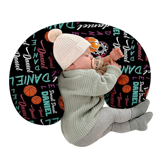 Baby Nursing Pillow Cover - Personalized Name Basketball Theme Breastfeeding U-Shaped for Bottle Feeding, Ultra Soft Comfortable Breastfeeding Pillow Cover for Infant Baby Boys and Girls