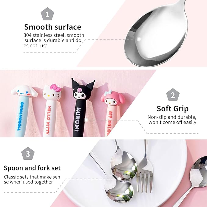2 PCS Spoon and Fork Set, Cute Stainless Steel Silverware Set, Cartoon Salad Forks and Soup Spoons, Gift for Her