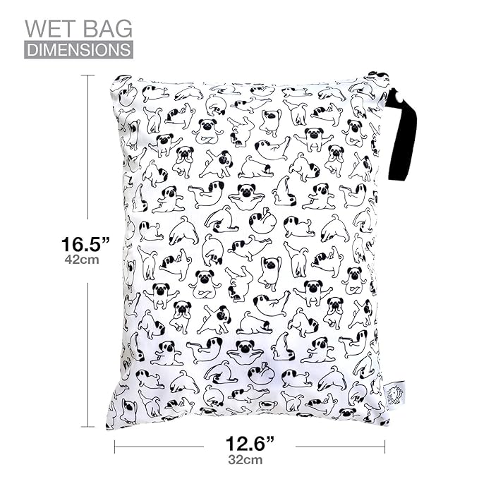 FLOCK THREE Washable and Reusable Wet Bag, Diaper Bag, Water Resistant Swimming Bag, Travel Toiletries Pouch, Yoga Gym Bag (White_YOGADOG)